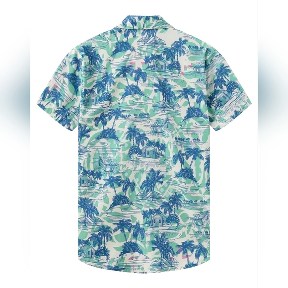 KYKU Men's Button Down Short Sleeve Tropical Hawaiian Shirt, Blue & Green, LARGE - Picture 3 of 10